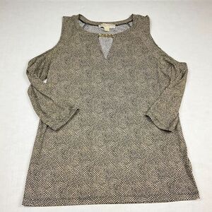 Michael Kors Womens V-Neck Blouse Beige Black 3/4 Sleeve Cold Shoulder Top Small